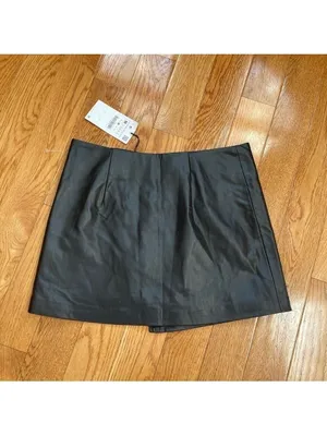 Zara Faux Leather Asymmetrical Wrap Skirt Zipper Closure Black M thumbnail 8