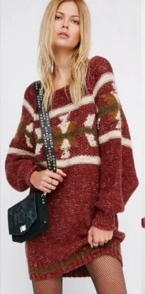 Free People Northern Lights Sweater‎ Mini Dress Boho Knit Red Size XS thumbnail 1