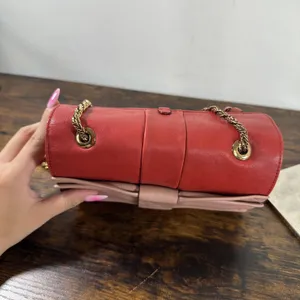 Chloe Shoulder Bag Small Red Leather Bow Chain Strap Pink Colorblock thumbnail 16