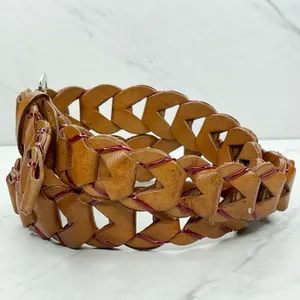 Brown Woven Leather Belt Red Laced Accents Silver Buckle Small/Medium (S/M) ✨ thumbnail 4