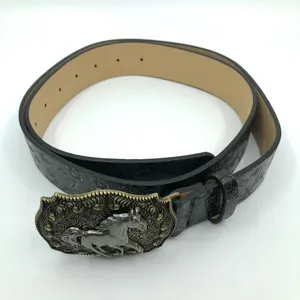 Women's Black Faux Leather Western Belt w/ Horse Buckle, 36.5-45.5 in, X7G9A966 thumbnail 7