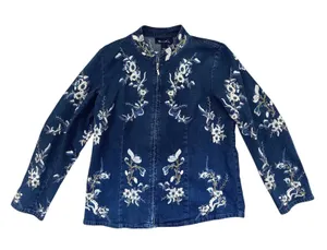 Denim & Co Blue Floral Embroidered Jean Denim Jacket Zip‎ Front Small Western thumbnail 1