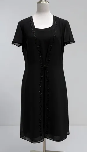 VTG 90s Elegant‎ Mock Jacket Sheath Dress 10 Black Beaded Floral Midi Modest thumbnail 1