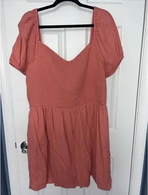 American Eagle Smocked Embroidered Coral Dress thumbnail 1