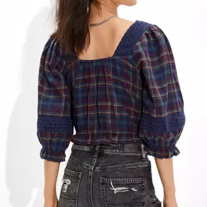 AMERICAN EAGLE Lace Puff Sleeve Plaid Eyelet Blouse thumbnail 2