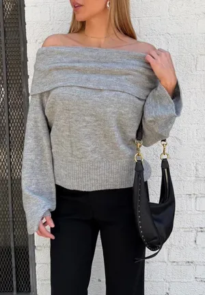 Vici Classic grey off the shoulder bell sleeve sweater Size L #winterwear thumbnail 1