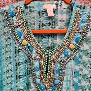 Chicos Beaded Kaftan Top Green Large‎ or XL thumbnail 5