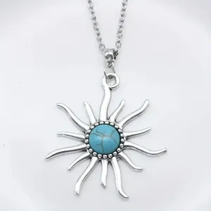 Boho Sunflower Pendant Silver Chain Necklace Cracked Coastal Turquoise Pattern thumbnail 4