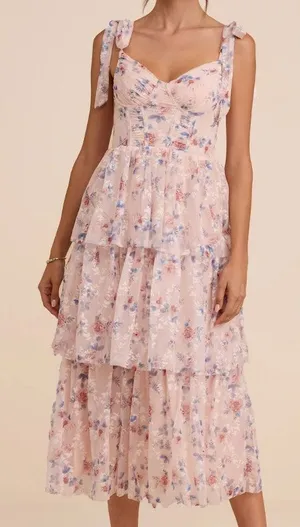 Lulus Flirtatious Radiance Blush Pink Floral Mesh Bustier Midi Dress thumbnail 1
