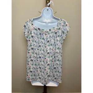 LOFT Square Neck Flutter Sleeve Top Size L White Floral thumbnail 3