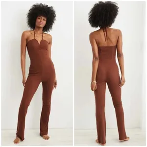 NEW Aerie Brown Halter Ribbed Slim Flare V-neck Boho Casual Jumpsuit XXL thumbnail 2