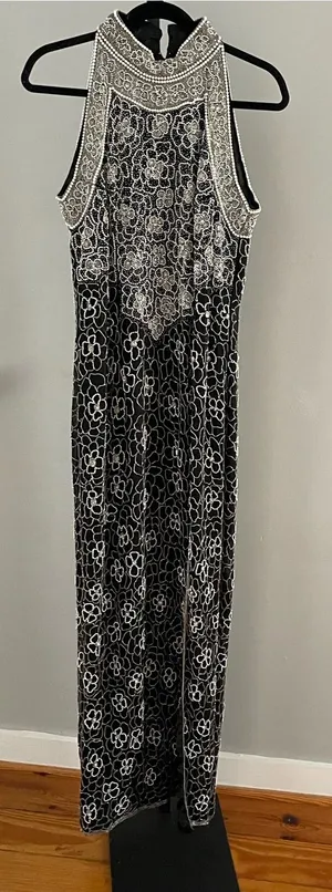 Adrianna Papell Vintage 100% Silk Beaded High Neck Maxi Dress Size 14 thumbnail 1