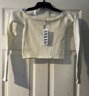 Urban Outfitters Cream Ribbed Off-Shoulder Long Sleeve Crop Top thumbnail 1