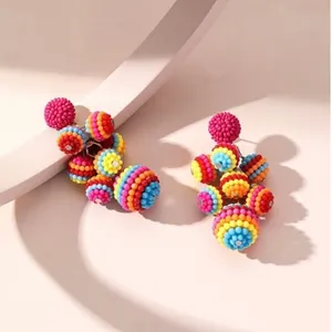 Colorful‎ Beaded Ball Drop Earrings Multicolor Rainbow Festival Boho Resortwear thumbnail 3