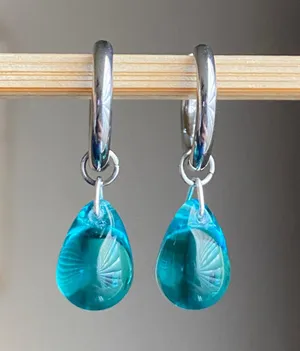 Handmade aqua teardrop Czech glass simple minimalist hoop earrings💙 thumbnail 1