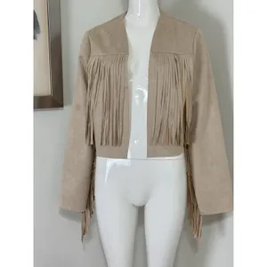 Women’s Boho Western Fringe Faux Suede Jacket Beige Festival Cowgirl Size L thumbnail 4
