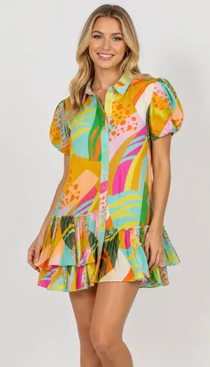 Karlie Multicolor Zebra Abstract Puff-Sleeve Mini Dress thumbnail 1