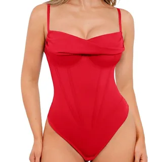NWT Popilush Red Corset Cowl Neck Tummy Control Thong Bodysuit Shapewear Large thumbnail 1