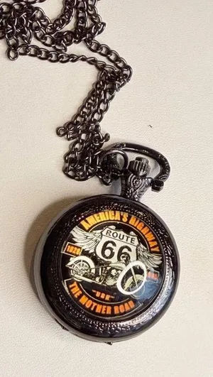 Route 66 Pocket Watch Quartz Movement With Chain Necklace Black Vintage Style thumbnail 1