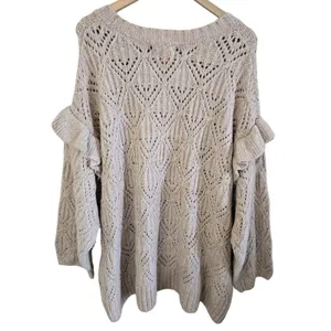 Old Navy Sweater Sz 4X Pointelle Knit Ruffle Trim Metallic Oatmeal Cozy‎ thumbnail 3