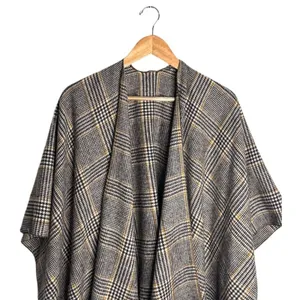 Beige Checkered Shawl 6 Feet Wide Viscose Beige Brown Yellow Retro Preppy thumbnail 2