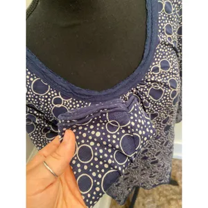 Y2K Boden Blue White Retro Geometric Print Top 3/4 Sleeve Pleated Scoop Neck thumbnail 3