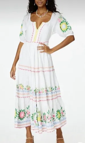 Roller Rabbit Embroidered Maxi Dress XL 100% Linen Maxi Lined Floral‎ NWT #RR-30 thumbnail 1