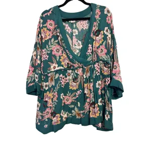 Floral Print Teal Surplice Wrap Blouse 1X By Maurices With 3/4‎ Sleeves & Empire thumbnail 2