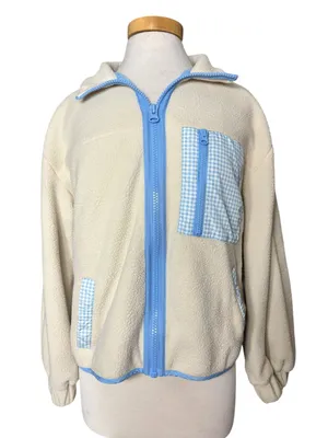 Sandy Liang Cream Sherpa Fleece Gingham Zip Jacket M thumbnail 2