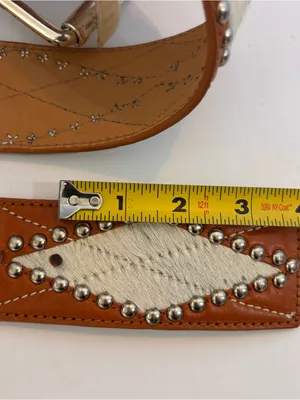 Michael Kors Silver Studded Diamond Design Calf Hair Panels Belt Sz L NWT thumbnail 10