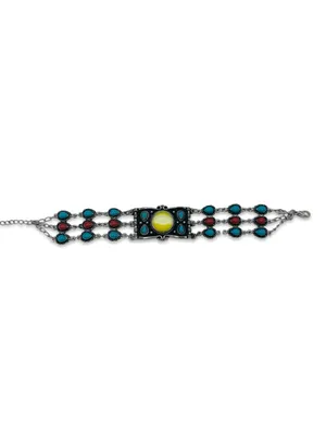 Boho Southwestern Multi-Stone Statement Bracelet Yellow Cabochon Silver Tone thumbnail 2