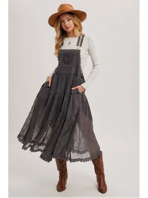 Lace Embroidered Tulle Bib Maxi Bohemian Apron Dress Size XL thumbnail 6