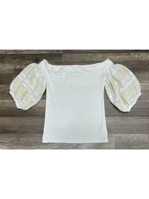 Free People Top Shirt Women's Rock with It Knit Off Shoulder Embroidered Cream S thumbnail 2