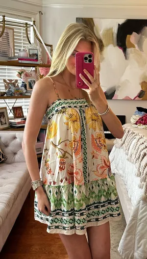 Floral Printed Spaghetti Strap Mini Dress in Yellow & Green thumbnail 1