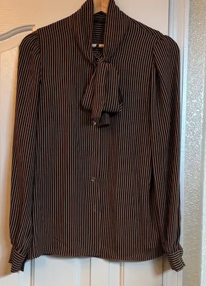Tahari Vintage Polyester Brown & Black Stripe Blouse With Tie-Neck Detail. thumbnail 1