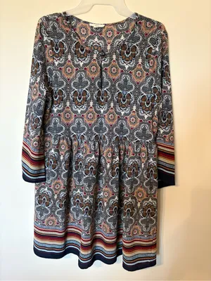 entro Brown Paisley Long-Sleeve Swing Dress with Striped Hem thumbnail 2