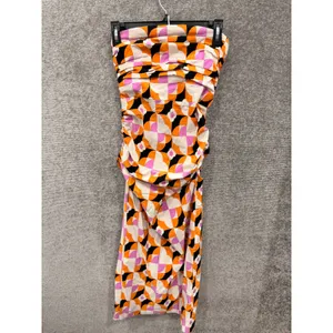 Anthropologie Women Dress XS Orange Pink Geometric Ruched Strapless Midi Wrap thumbnail 3