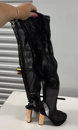 Bamboo Black Fishnet Mesh Thigh High Boots Rose Gold Block Heel Open Toe Size 8 thumbnail 1