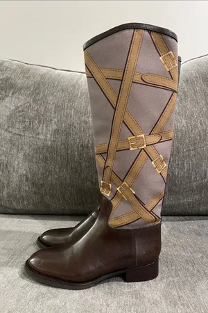 Tory Burch FELIX Riding Boots Brown Leather Equestrian Print Fabric Zip Size 5 thumbnail 1