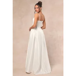 Lulus Luxe Bridal NWOT Bria White Satin Basque Waist Maxi Wedding Dress Medium thumbnail 4