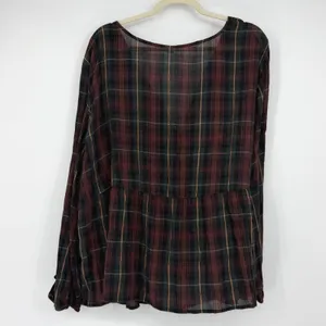 Old Navy Womens XXL Red Green Plaid V-Neck Long Sleeve Peplum Babydoll Top thumbnail 2