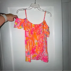 Lilly Pulitzer Pink and Orange Flutter Sleeve Ruffled Blouse thumbnail 3