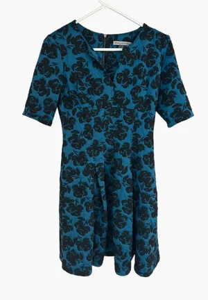 Danny and Nicole Teal Blue Black Floral Jacquard Fit and Flare Dress Size 6 thumbnail 1