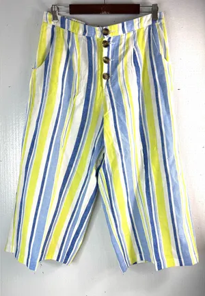 a.n.a L Linen Blend Beachcomber Striped Wide Leg Ankle Pants - Blue and Yellow thumbnail 1