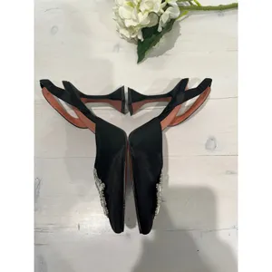 Black Satin Slingback Heels Crystal‎ Embellished Pumps Party Evening Occasion thumbnail 3
