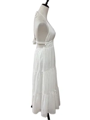 NWT En Crème White Swiss Dot Halter Open Back Cutout Tiered Summer Maxi Dress Sm thumbnail 4
