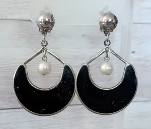 Vintage Clip On Earrings Very Large Black & Faux Pearl Dangle - Condition Issues thumbnail 1