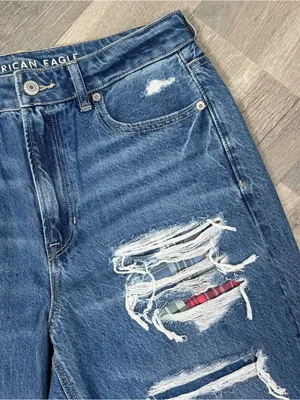 American Eagle Distressed Patched Mom Straight Jeans‎ Blue 10 High Waist thumbnail 6