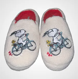 Peanuts Cream Slip-On Slippers with Snoopy Riding A Bicycle Size Lg thumbnail 1