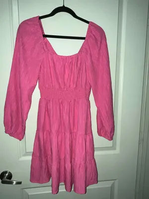 Mint Of Blush Bright Pink Long-Sleeve V-Neck Tiered Dress thumbnail 2